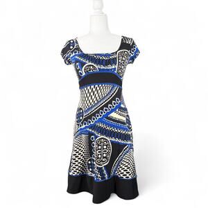 VTG‎ Abstract Babydoll Dress Y2K Sash Cap Sleeve Empire Milkmaid Blue Black 2 XS